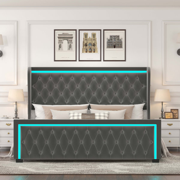 Ivy Bronx Huntsville Velvet Upholstered Bed with LED Light Headboard Wayfair